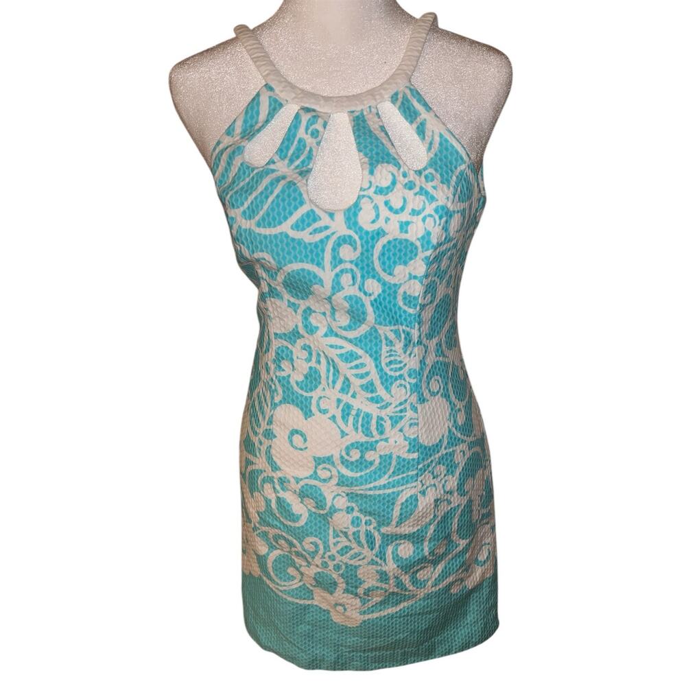 NWT Lilly Pulitzer Pearl Shorely Blue Cutout Halter Shift Dress Women Sze 00